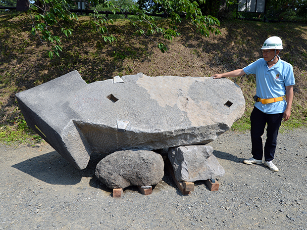 Une pierre en forme de calmar se trouve sous la tour du château d'Hirosaki.