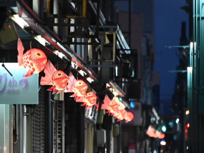 金鱼Neputa，方形灯笼和用Neputa装饰弘前市的照明设备