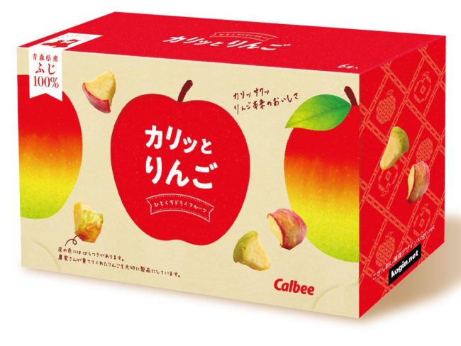 A confeitaria limitada da Calbee "Karitto Ringo" tem uma nova embalagem com design Kogin